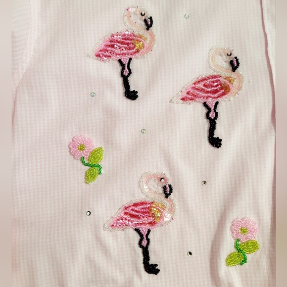 Mili Designs Pink Gingham Flamingo Beaded Button Down Shirt Women’s Size  Medium - Picture 6 of 14